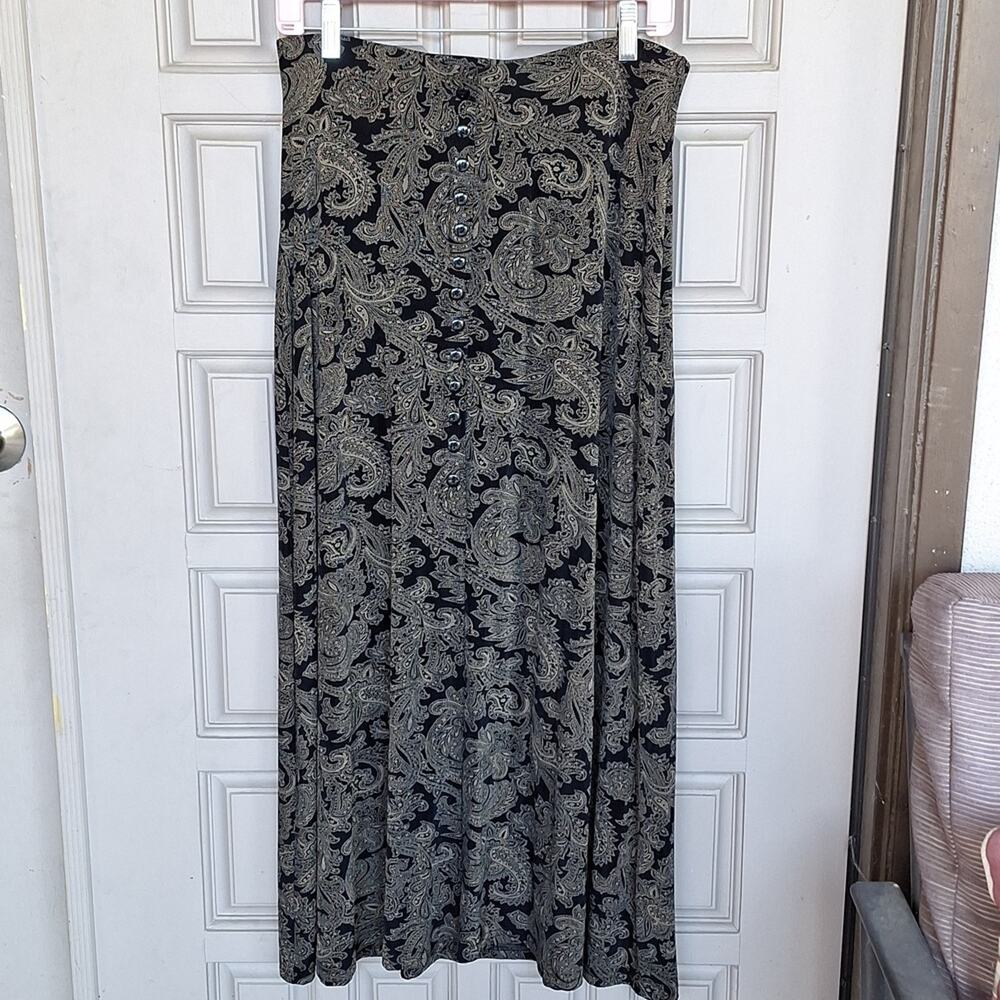 Susan Lawrence Retro Maxi Skirt SzM Paisley Knit Slit Front Black/Tan